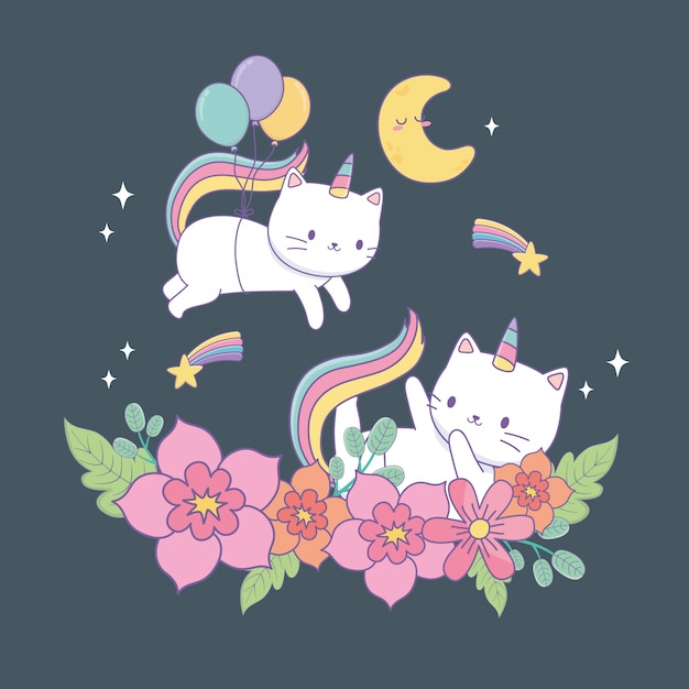 Cute caticorns with floral decoration at night