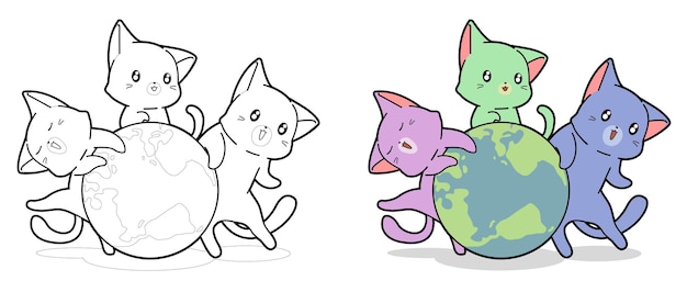 Cute cats are around the word cartoon coloring page for kids