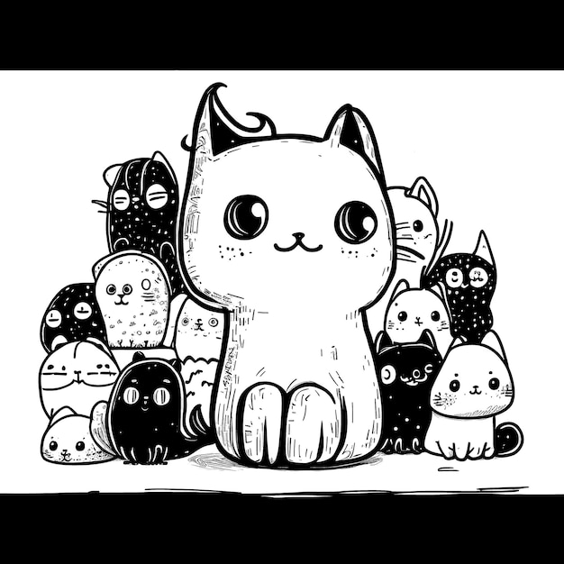 Cute Cats Black and white coloring pages for kids simple lines cartoon style happy cute funny