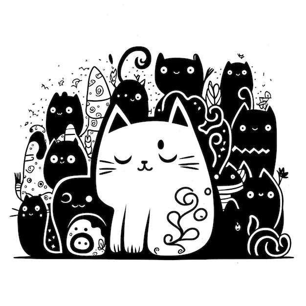 Cute Cats Black and white coloring pages for kids simple lines cartoon style happy cute funny