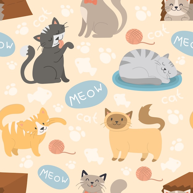 Cute cats character different pose vector seamless pattern