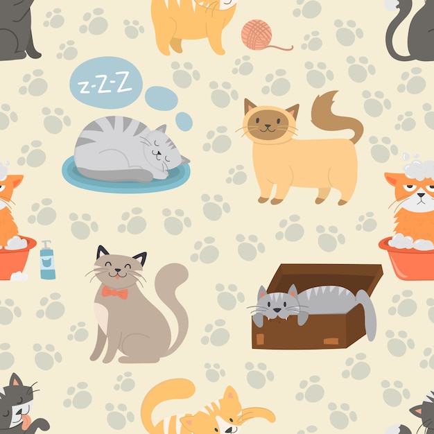 Cute cats character different pose vector seamless pattern