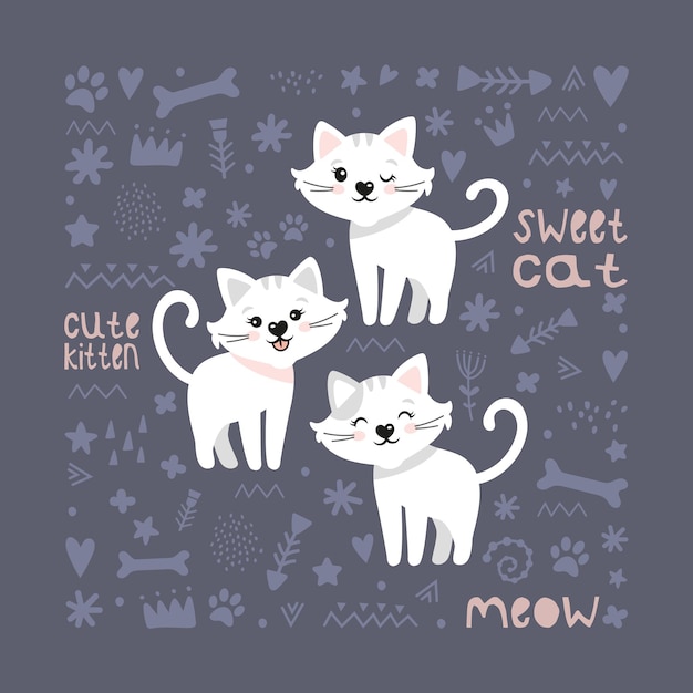 Cute cats. Children's vector background. Postcard, poster, clothing, fabric, wrapping paper, textiles.