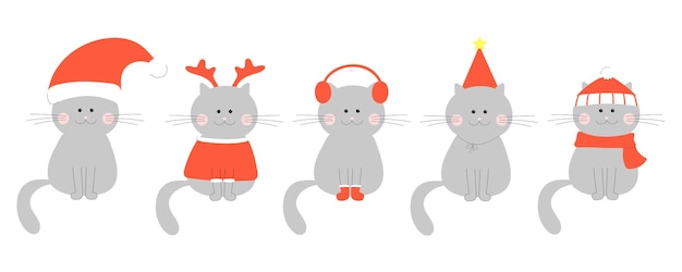 Cute cats for Christmas day and New year set of cats in red winter clothes