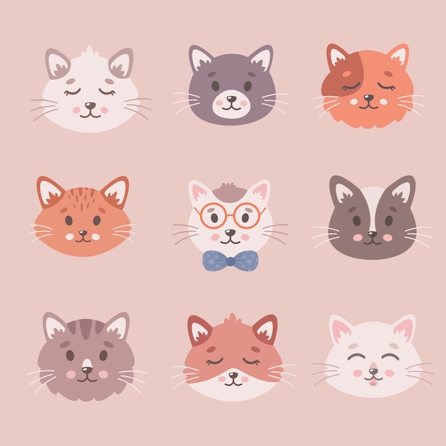 Cute cats collection Cats faces pets kittens cute animals