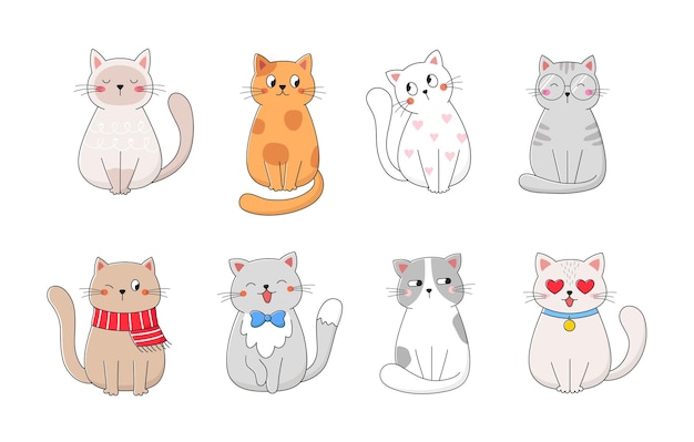 Cute cats collection Domestic funny kitties set Vector illustration isolated on white background