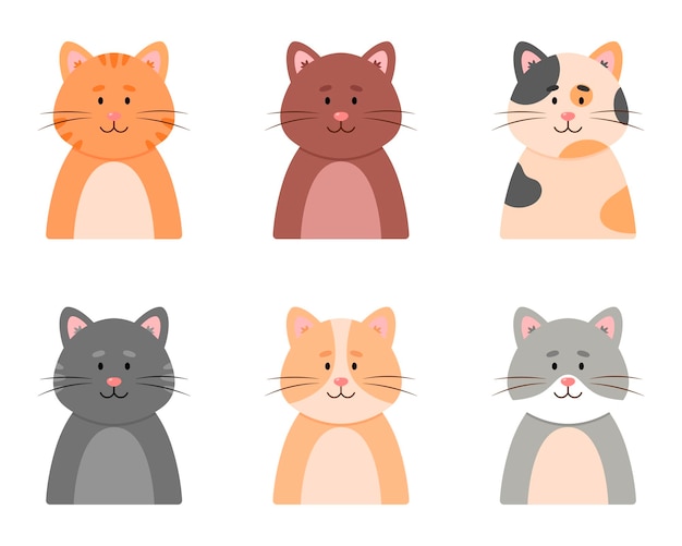 Cute cats collection, isolated on white background.Cats face character. Kittens in cartoon style