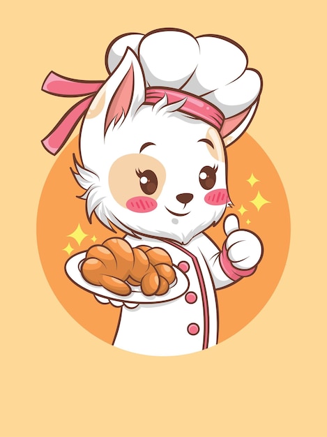 cute cats girl chef holding a bread. bakery chef concept. cartoon character and mascot illustration.