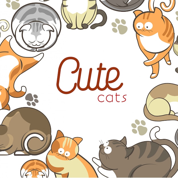 Cute cats and kittens pets playing or posing vector flat animals