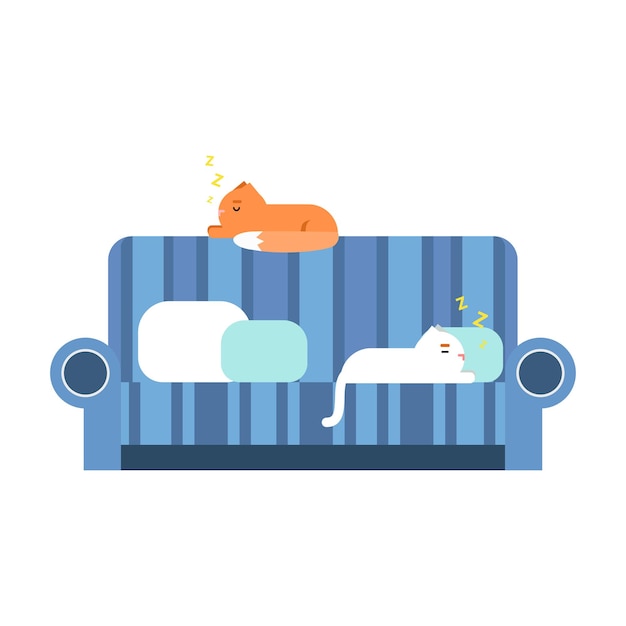 Cute cats lying on a blue sofa, home pet resting cartoon vector Illustrations on a white background