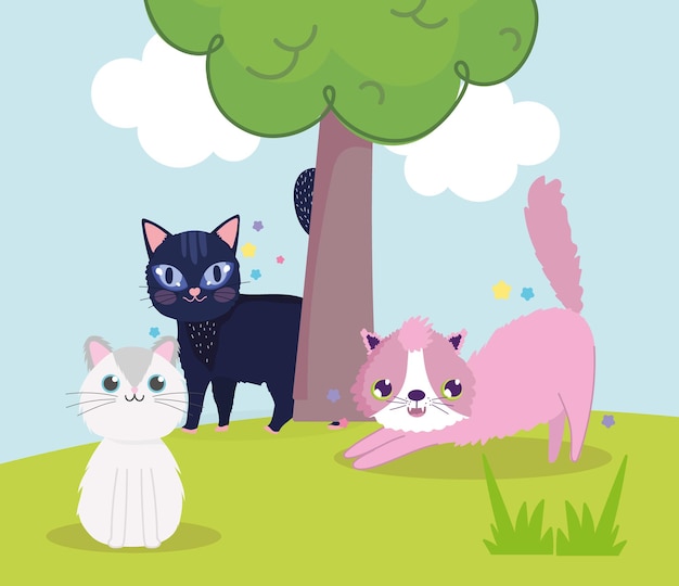 Cute cats in the meadow with tree cartoon vector illustration