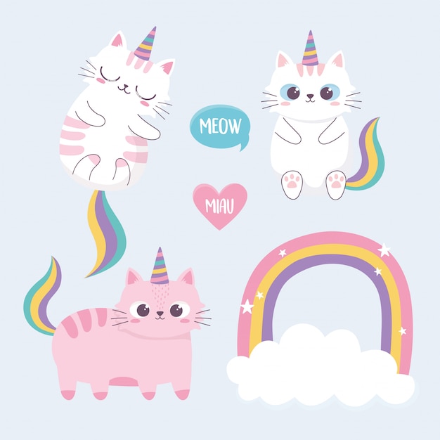 Cute cats rainbow horn cloud cartoon animal funny character