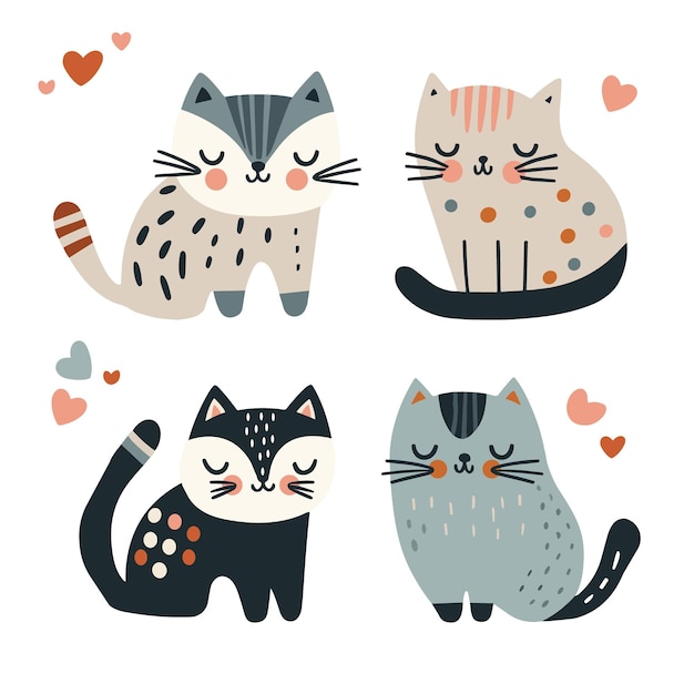 Cute cats set in Scandinavian style Handdrawn illustration for kids Animals clipart