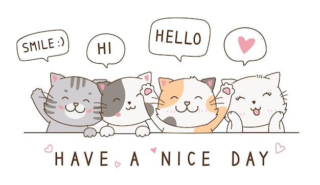 Cute cats sleeping lying greeting have a nice day doodle drawing cartoon illustration pastel vol3