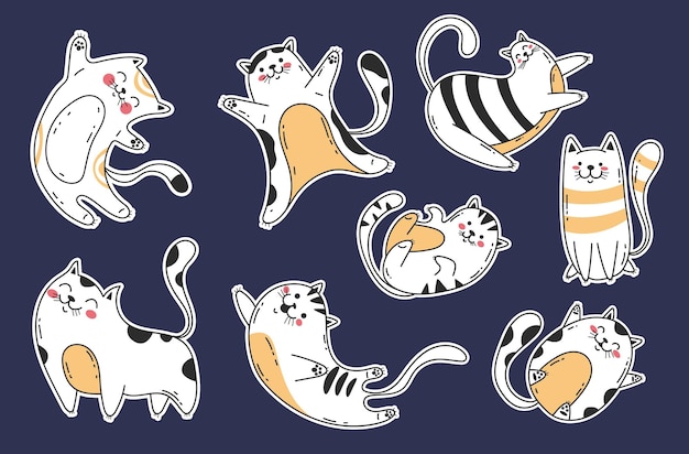 Cute cats stickers different poses domestic pets concept set flat graphic design element