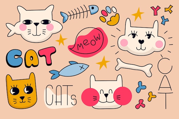 Cute cats and their food. 80s style vector flat illustration