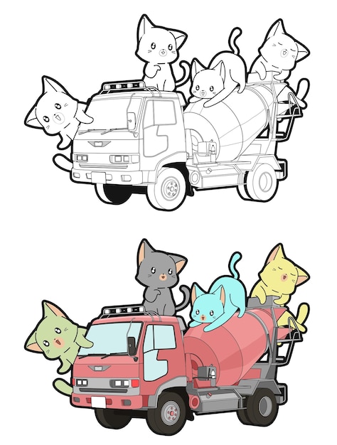 Cute cats on the truck cartoon coloring page for kids