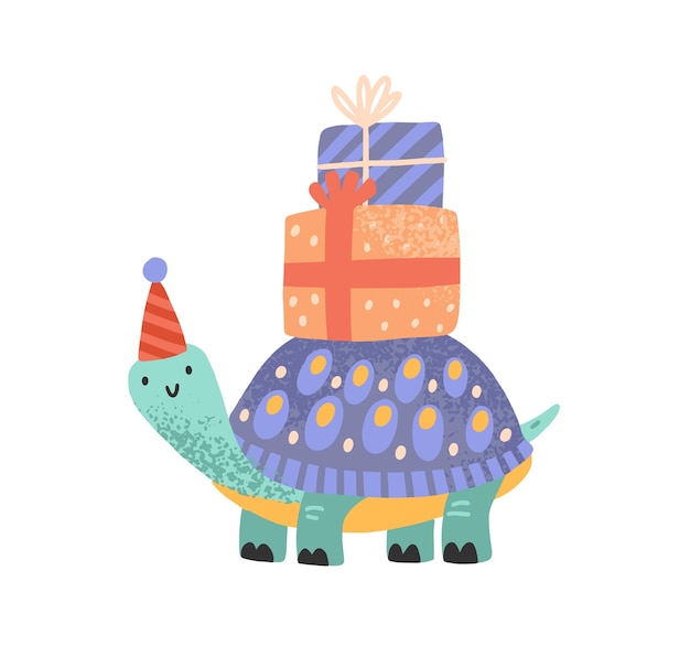 Cute celebratory turtle carrying gift box on tortoiseshell vector flat illustration. Tortoise in festive cone hat with present tied by ribbon isolated on white. Funny character for childish birthday.