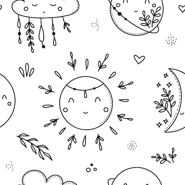 Cute celestial childish night sky space stars planets crescent vector seamless pattern Boho baby universe delicate background Soft colours universe surface design for kids fabric and nursery decor