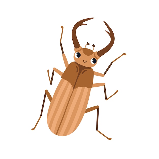 Cute chafer, May bug. Funny maybug character, childish insect. Happy smiling cockchafer, top view. Lovely spring beetle, baby maybeetle. Flat cartoon vector illustration isolated on white background.