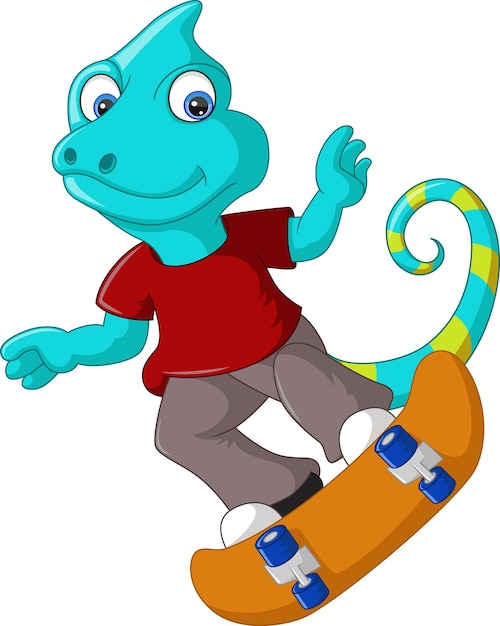 Cute chameleon cartoon playing a skateboard