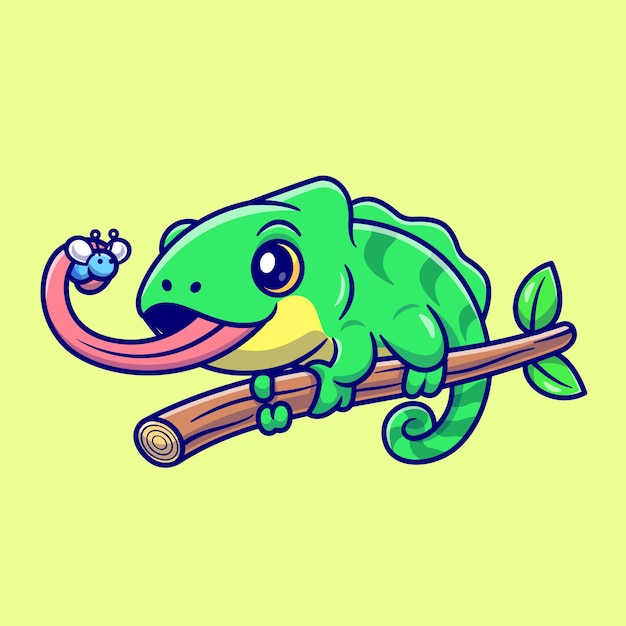 Cute Chameleon Eating Bug Cartoon Vector Icon Illustration. Animal Nature Icon Concept Isolated Premium Vector. Flat Cartoon Style