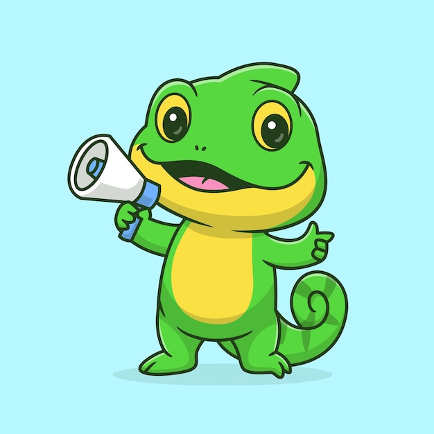 Cute Chameleon Holding Megaphone Broadcast Cartoon Vector Icon Illustration Animal Technology Flat