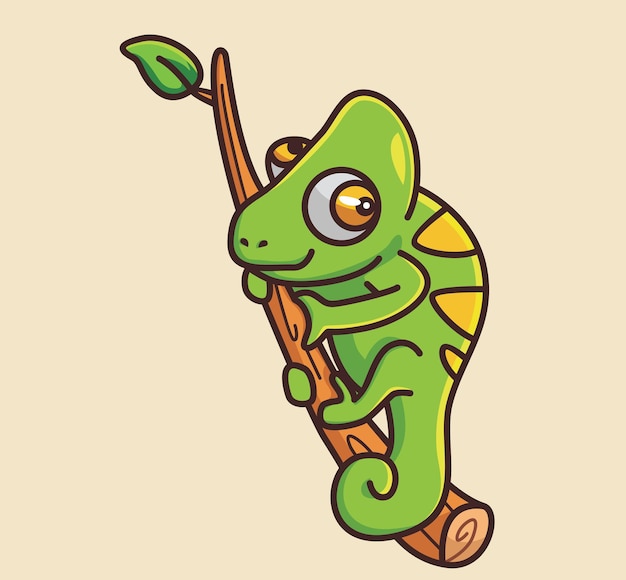 Cute chameleon hug a branch cartoon animal nature concept Isolated illustration Flat Style suitable