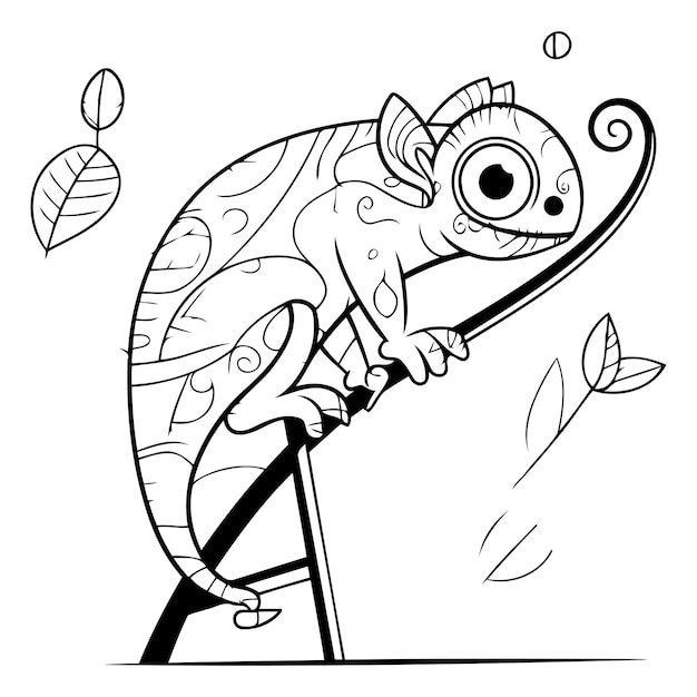 Vector cute chameleon on the tree branch vector illustration