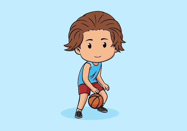 Vector cute character of a boy is dribbling a basketball