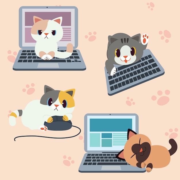 Cute character cat with computer or laptop 