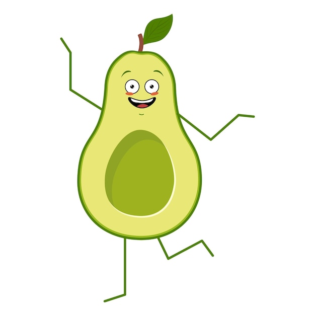 Cute character cheerful avocado with emotions dancing funny or sad hero green fruit