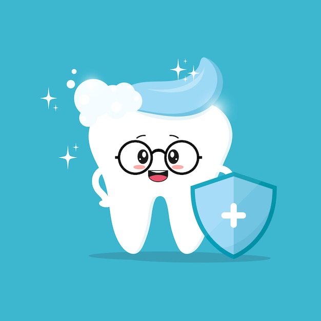 Cute character of a clean healthy tooth wearing glasses with toothpaste and a protective shield