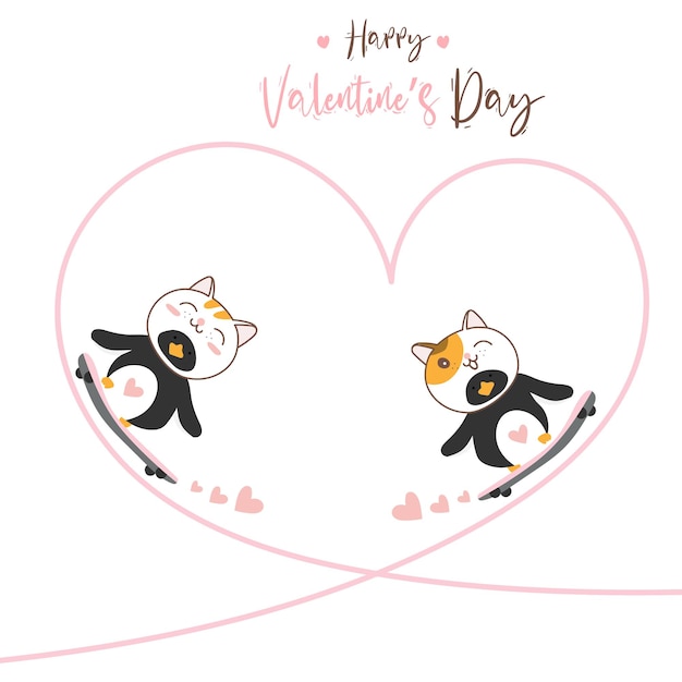 Cute character design couple love of penguin cat with skateboard for Happy Valentine's day.