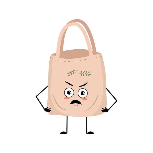 Cute character fabric bag with angry emotions grumpy face furious eyes arms and legs Shopper with irritated face ecological alternative to plastic bag Vector flat illustration