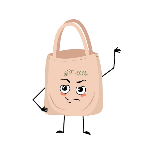 Cute character fabric bag with emotions of hero brave face arms and leg Shopper with courage face ecological alternative to plastic bag Vector flat illustration