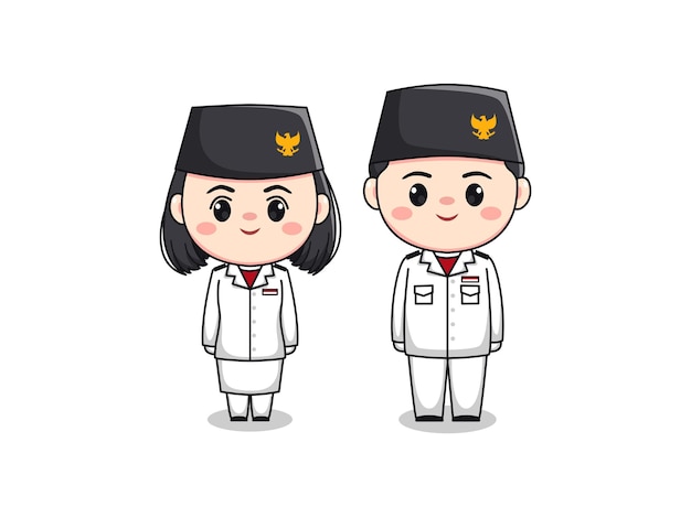 Cute character heritage flag hoisting troop indonesia independence day flat cartoon illustration