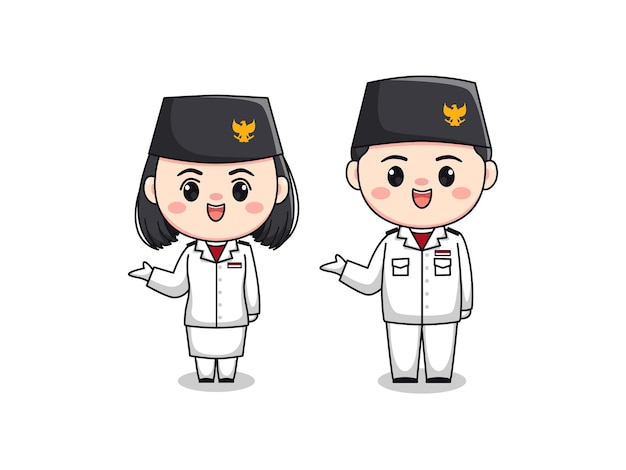 Cute character heritage flag hoisting troop indonesia independence day flat cartoon illustration