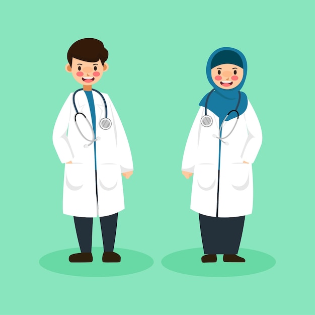 Cute character man doctor and woman doctor with hijab