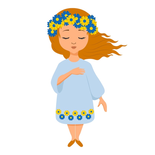 Cute character of a sad Ukrainian girl in a flower wreath Illustration Vector