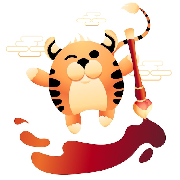 Cute character symbol of new year dancing with tassel Striped tiger paints blots with red brush