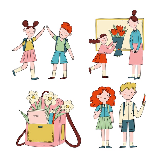 Cute characters are happy back to school. Hand drawn flat outline simple vector illustration set