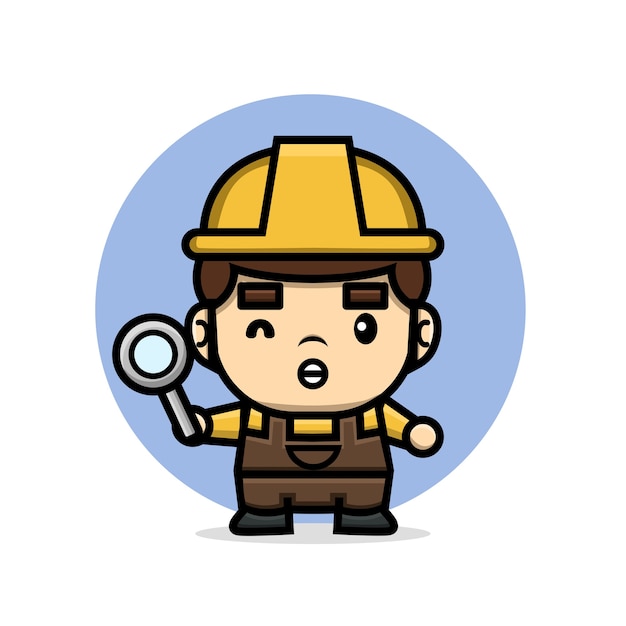 Cute characters builder man holding magnifying glass