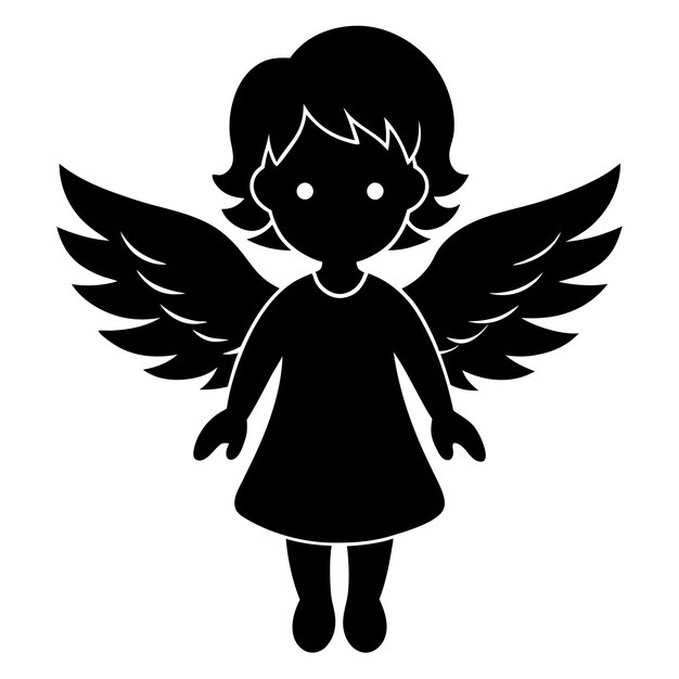 Vector cute and charming little angel in cute drawing style black and white silhouette