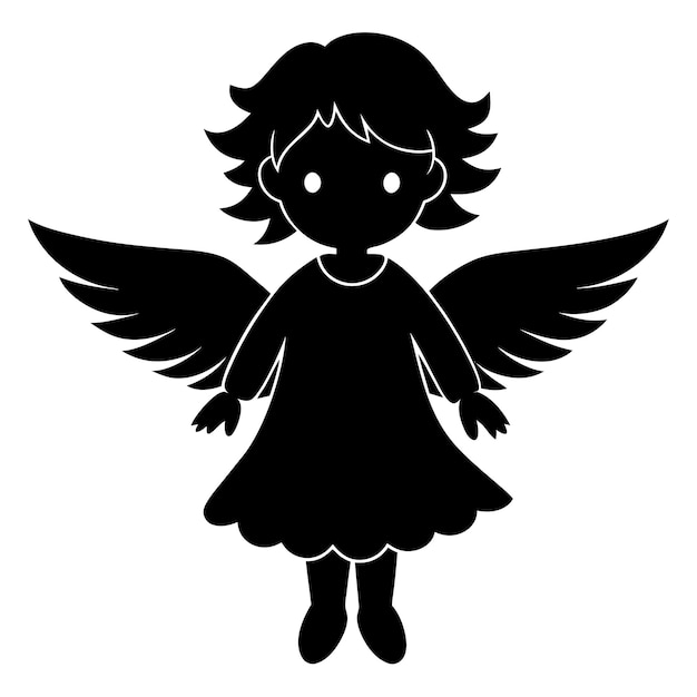 Vector cute and charming little angel in cute drawing style black and white silhouette