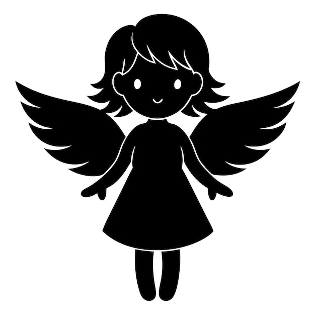 Vector cute and charming little angel in cute drawing style black and white silhouette