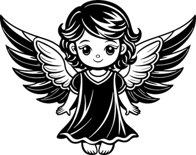 cute and charming little angel in cute drawing style black and white silhouette