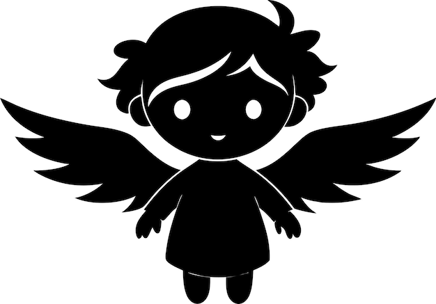 cute and charming little angel in cute drawing style black and white silhouette