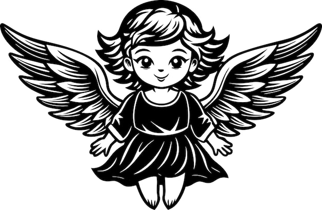 cute and charming little angel in cute drawing style black and white silhouette