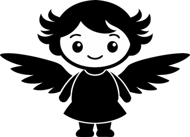 cute and charming little angel in cute drawing style black and white silhouette